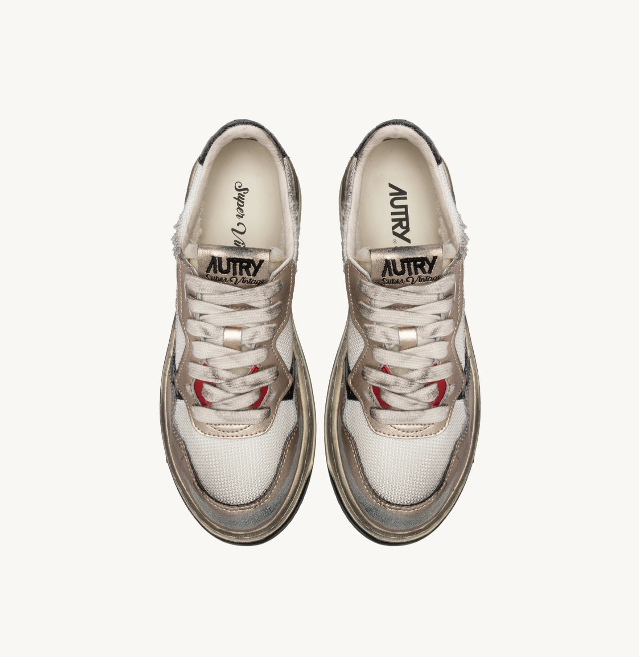 UNISEX SNEAKERS SUPER VINTAGE LOW AUS WEISSEM MESH, GOLDFARBENEM WILDLEDER UND SCHWARZEM LEDER