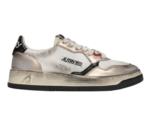 UNISEX SNEAKERS SUPER VINTAGE LOW AUS WEISSEM MESH, GOLDFARBENEM WILDLEDER UND SCHWARZEM LEDER