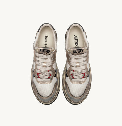 UNISEX SNEAKERS SUPER VINTAGE LOW AUS WEISSEM MESH, GOLDFARBENEM WILDLEDER UND SCHWARZEM LEDER